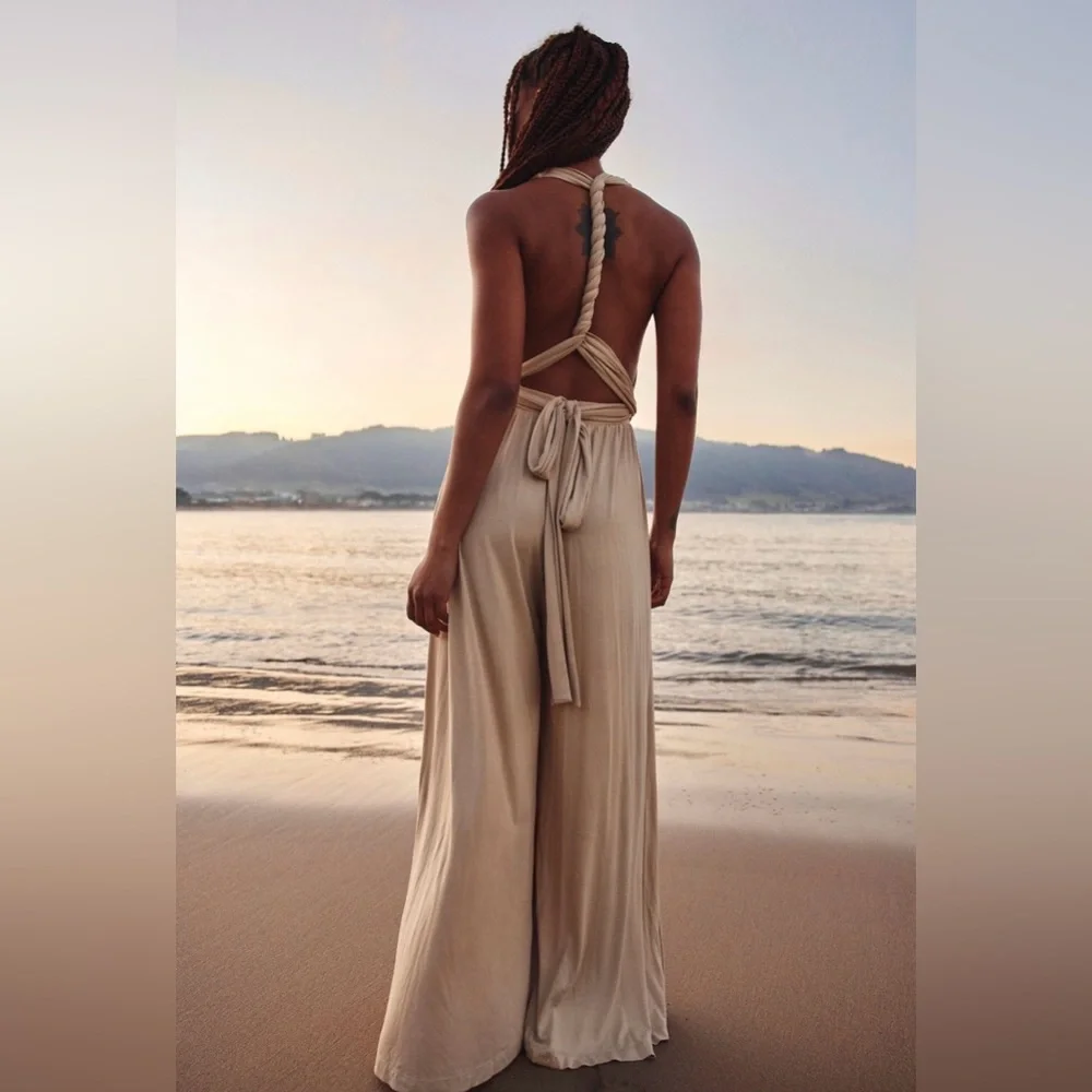 NWT Free People Dani Convertible Open-Back One-Piece Jumpsuit Beige Small NEW - Picture 1 of 7
